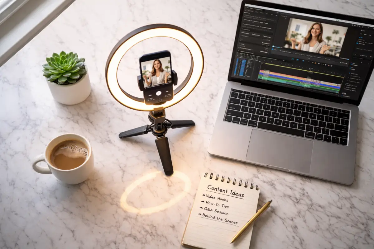 Content creator recording video at desk with ring light, laptop showing video editing software, and notebook with content ideas