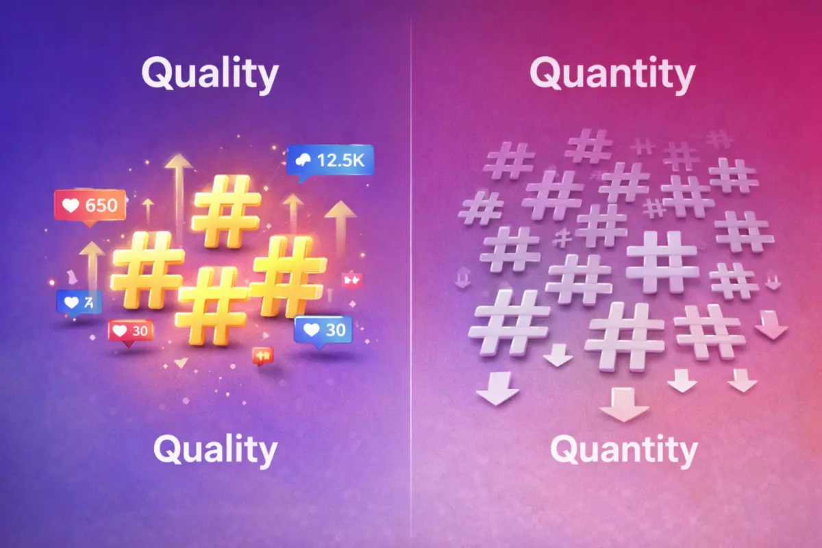 "Split image comparing quality vs quantity hashtag strategies, showing engagement metrics rising with fewer targeted hashtags"