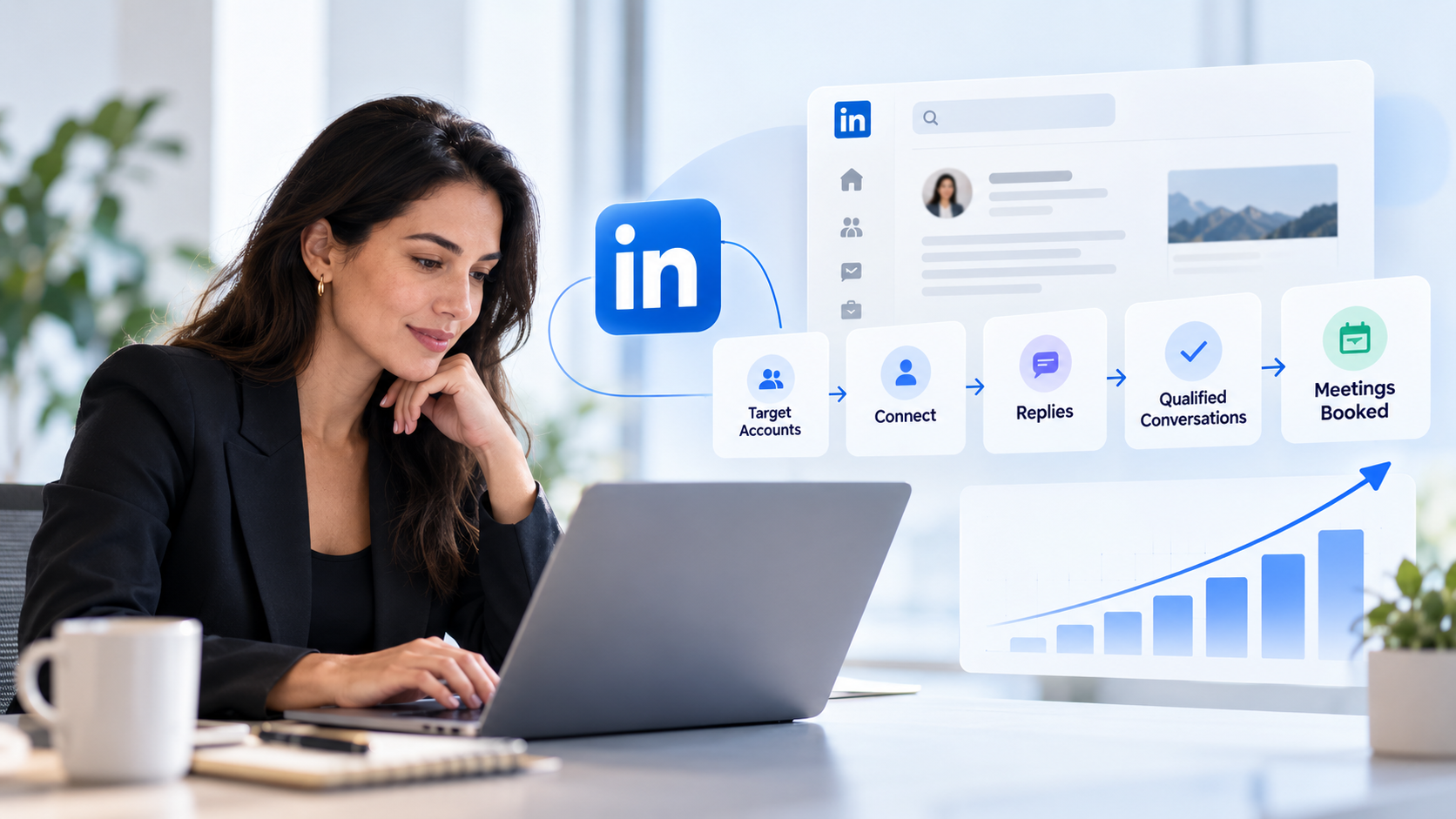 Modern workspace with laptop and LinkedIn-style lead generation funnel showing connections, replies, meetings, and business growth.